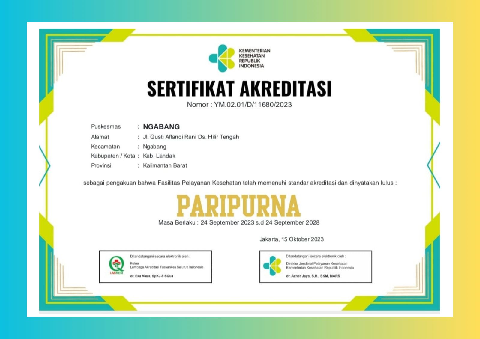 Read more about the article Hasil Survei Re – Akrediatasi Puskesmas Ngabang Mendapat Predikat “PARIPURNA”